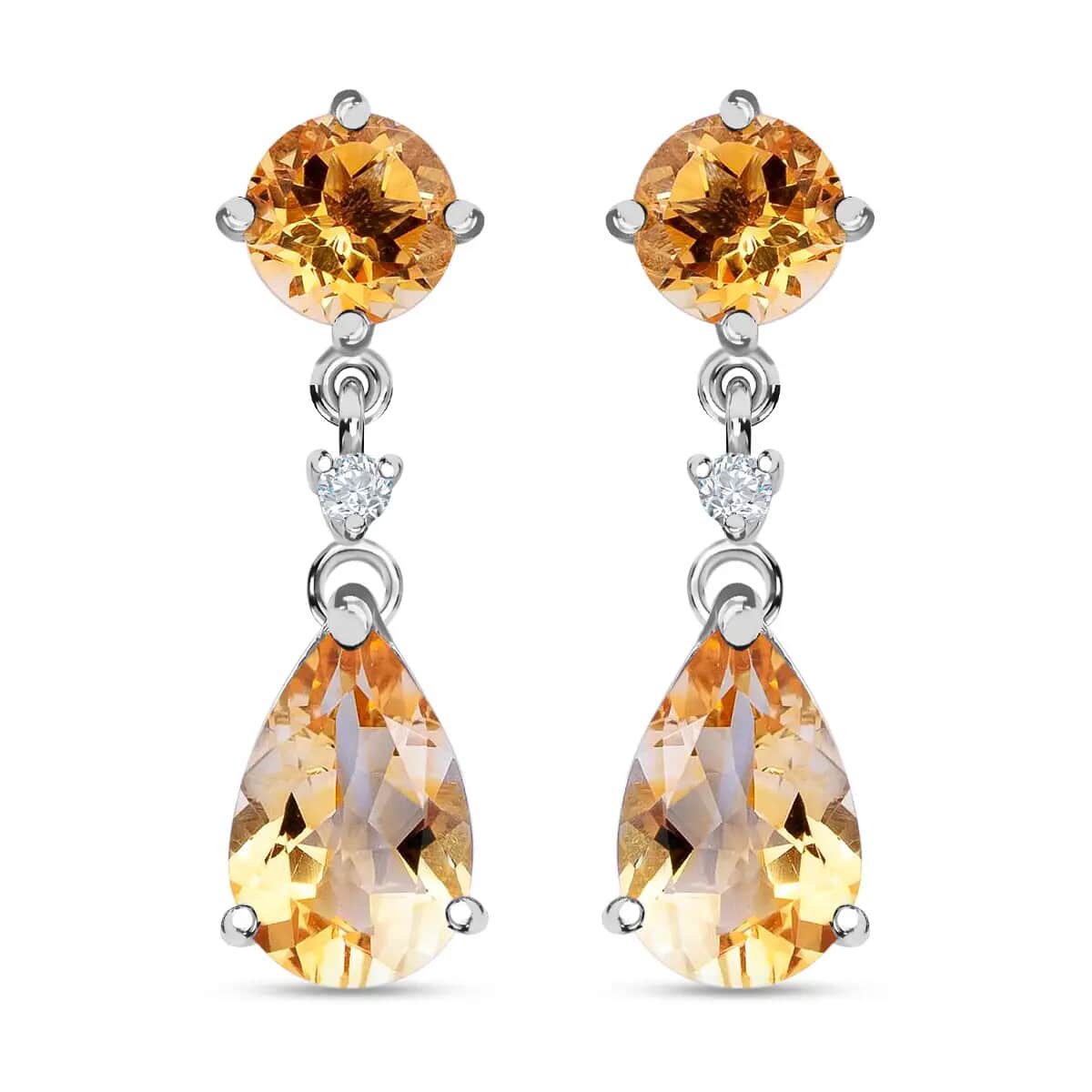 Brazilian Citrine, White Zircon Drop Earrings in Platinum Over Sterling Silver, Dangle Earrings For Women 8.15 ctw image number 0