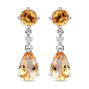 Brazilian Citrine, White Zircon Drop Earrings in Platinum Over Sterling Silver, Dangle Earrings For Women 8.15 ctw