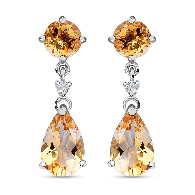 Brazilian Citrine and White Zircon 8.15 ctw Drop Earrings in Platinum Over Sterling Silver