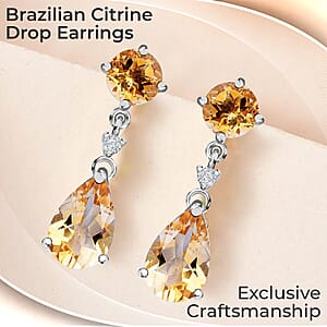 Brazilian Citrine, White Zircon Drop Earrings in Platinum Over Sterling Silver, Dangle Earrings For Women 8.15 ctw
