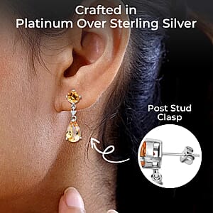Brazilian Citrine, White Zircon Drop Earrings in Platinum Over Sterling Silver, Dangle Earrings For Women 8.15 ctw