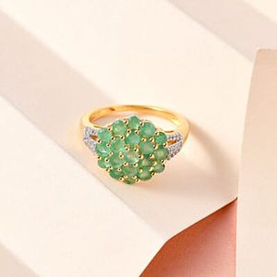 Kagem Zambian Emerald and White Zircon  1.95 ctw Cluster Ring in 14K YG Over Sterling Silver (Size 11.5)