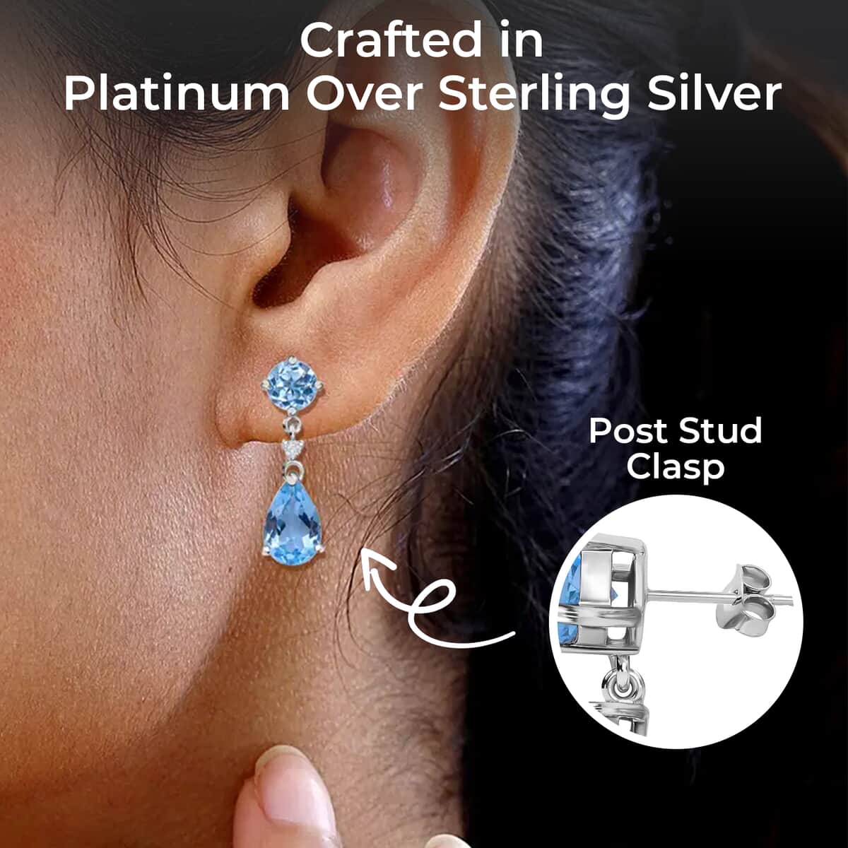 Sky Blue Topaz, White Zircon Drop Earrings in Platinum Over Sterling Silver, Dangle Earrings For Women 10.60 ctw image number 2
