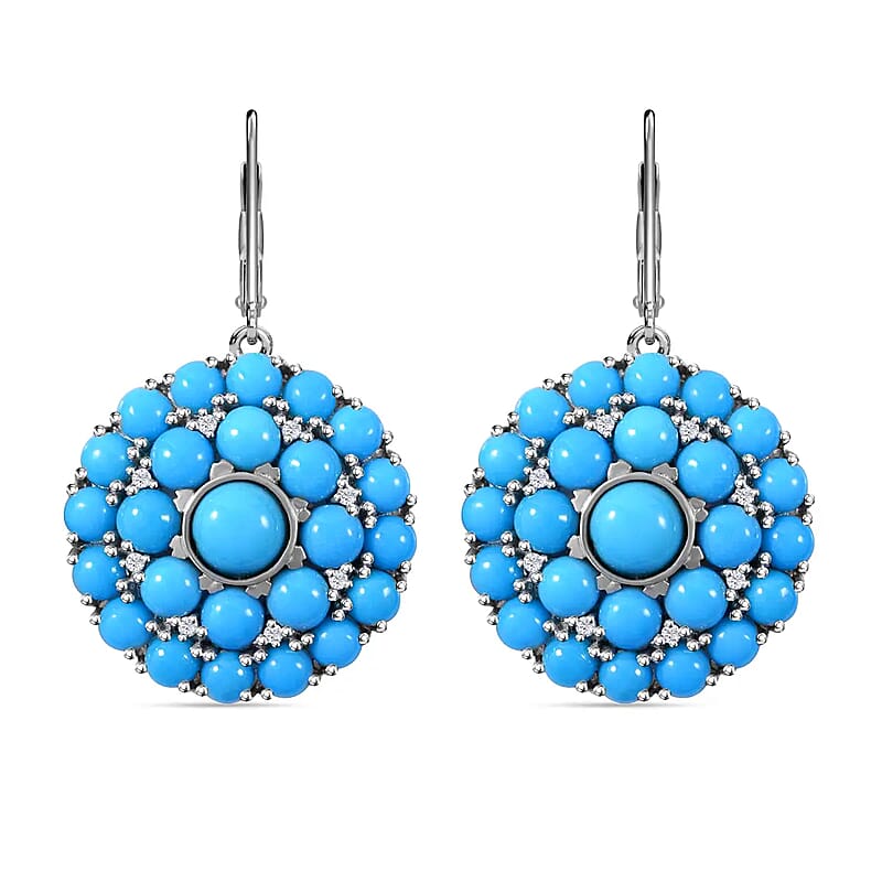 Premium Sleeping Beauty Turquoise and White Zircon Cocktail Earrings in Platinum Over Sterling Silver 11.25 ctw