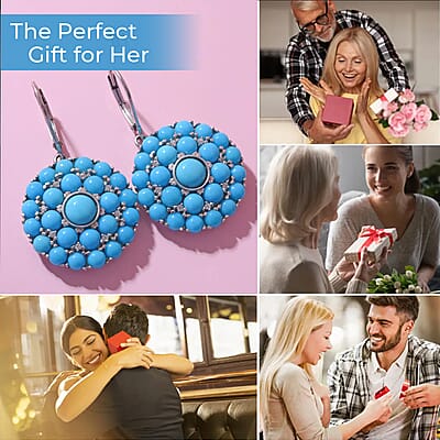 Premium Sleeping Beauty Turquoise and White Zircon Cocktail Earrings in Platinum Over Sterling Silver 11.25 ctw