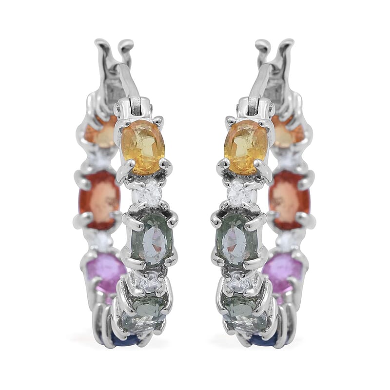 Multi Sapphire and White Zircon Hoop Earrings in Platinum Over Sterling Silver 4.00 ctw