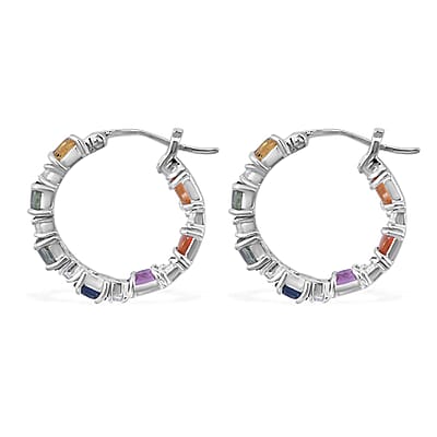 Multi Sapphire and White Zircon Hoop Earrings in Platinum Over Sterling Silver 4.00 ctw