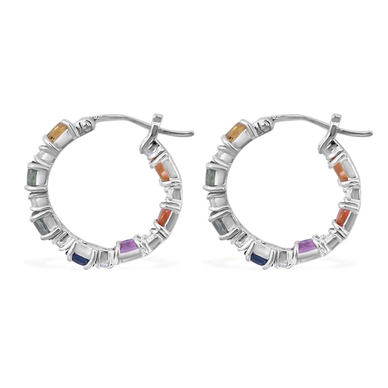 Multi Sapphire and White Zircon Hoop Earrings in Platinum Over Sterling Silver 4.00 ctw