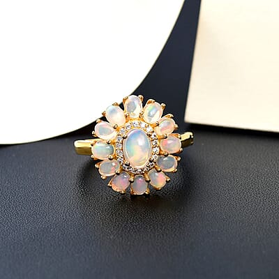 Ethiopian Welo Opal and White Zircon 2.09 ctw Ring in Vermeil Yellow Gold Over Sterling Silver (Size 11.5)
