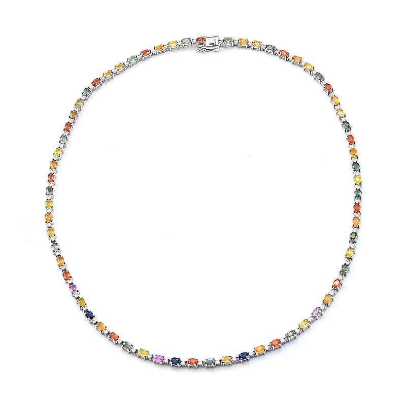 Multi Sapphire and White Zircon Necklace 18 Inches in Platinum Over Sterling Silver 19.40 ctw