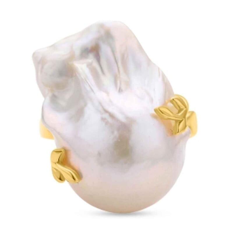 White Baroque Pearl and White Zircon 46.12 ctw Fancy Ring in Vermeil Yellow Gold Over Sterling Silver (Size 5.5) (5 g)