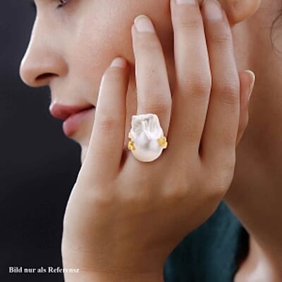 White Baroque Pearl and White Zircon 46.12 ctw Fancy Ring in Vermeil Yellow Gold Over Sterling Silver (Size 5.5) (5 g)