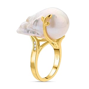 White Baroque Pearl and White Zircon 46.12 ctw Fancy Ring in Vermeil Yellow Gold Over Sterling Silver (Size 5.5) (5 g)