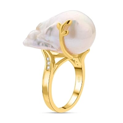 White Baroque Pearl and White Zircon 46.12 ctw Fancy Ring in Vermeil Yellow Gold Over Sterling Silver (Size 5.5) (5 g)