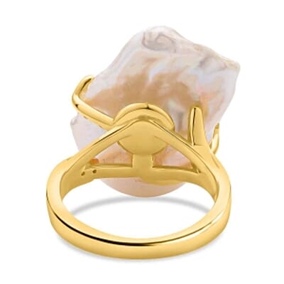 White Baroque Pearl and White Zircon 46.12 ctw Fancy Ring in Vermeil Yellow Gold Over Sterling Silver (Size 5.5) (5 g)