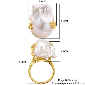 White Baroque Pearl and White Zircon 46.12 ctw Fancy Ring in Vermeil Yellow Gold Over Sterling Silver (Size 5.5) (5 g)