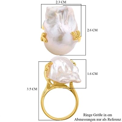 White Baroque Pearl and White Zircon 46.12 ctw Fancy Ring in Vermeil Yellow Gold Over Sterling Silver (Size 5.5) (5 g)