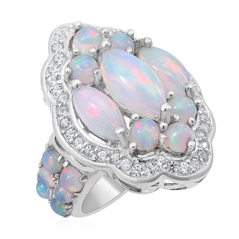 AAA Ethiopian Welo Opal and White Zircon Ring in Platinum Over Sterling Silver (Size 10.0) 5.75 ctw