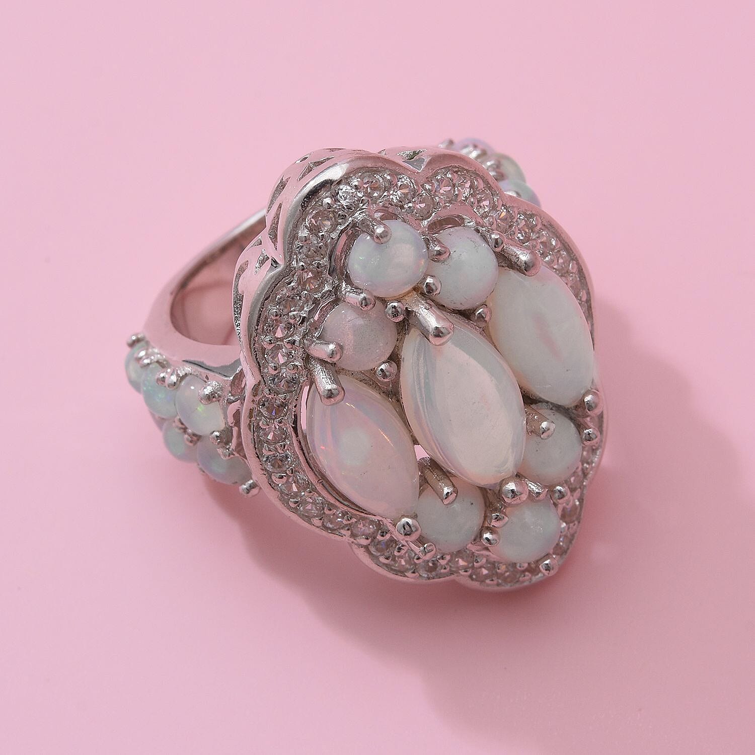AAA Ethiopian Welo Opal and White Zircon Ring in Platinum Over Sterling Silver (Size 10.0) 5.75 ctw