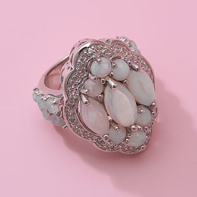 AAA Ethiopian Welo Opal and White Zircon Ring in Platinum Over Sterling Silver (Size 10.0) 5.75 ctw