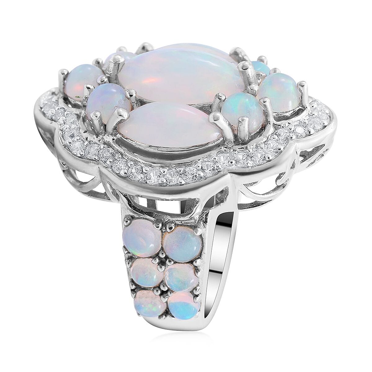 AAA Ethiopian Welo Opal and White Zircon Ring in Platinum Over Sterling Silver (Size 10.0) 5.75 ctw