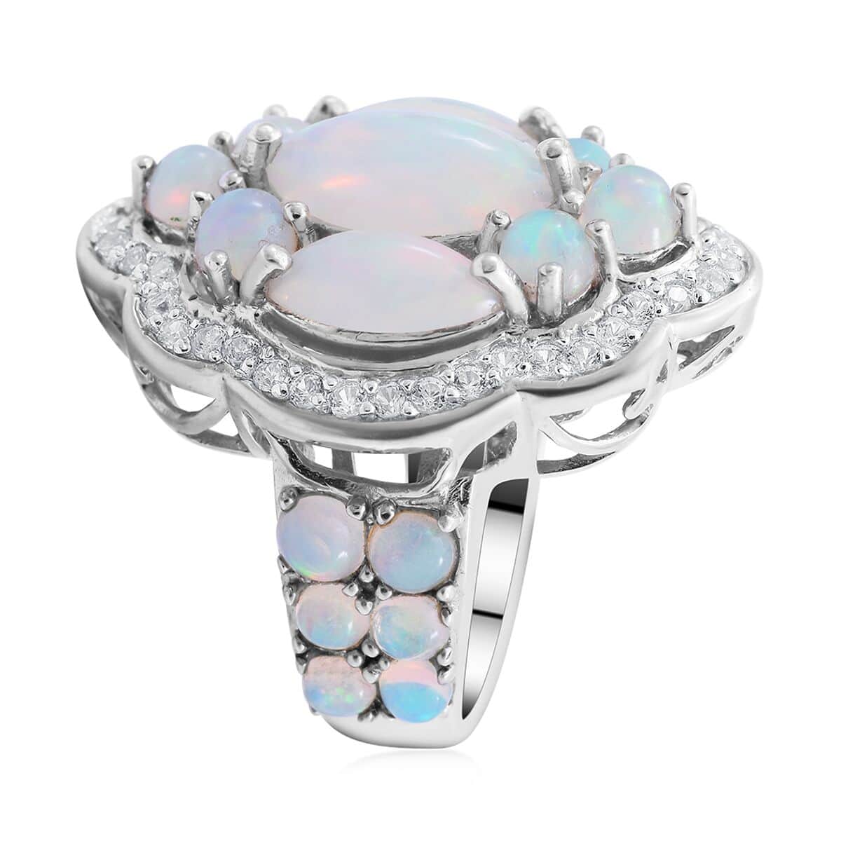 AAA Ethiopian Welo Opal and Natural White Zircon Ring in Platinum Over Sterling Silver (Size 10.0) (8 g) 5.75 ctw image number 3