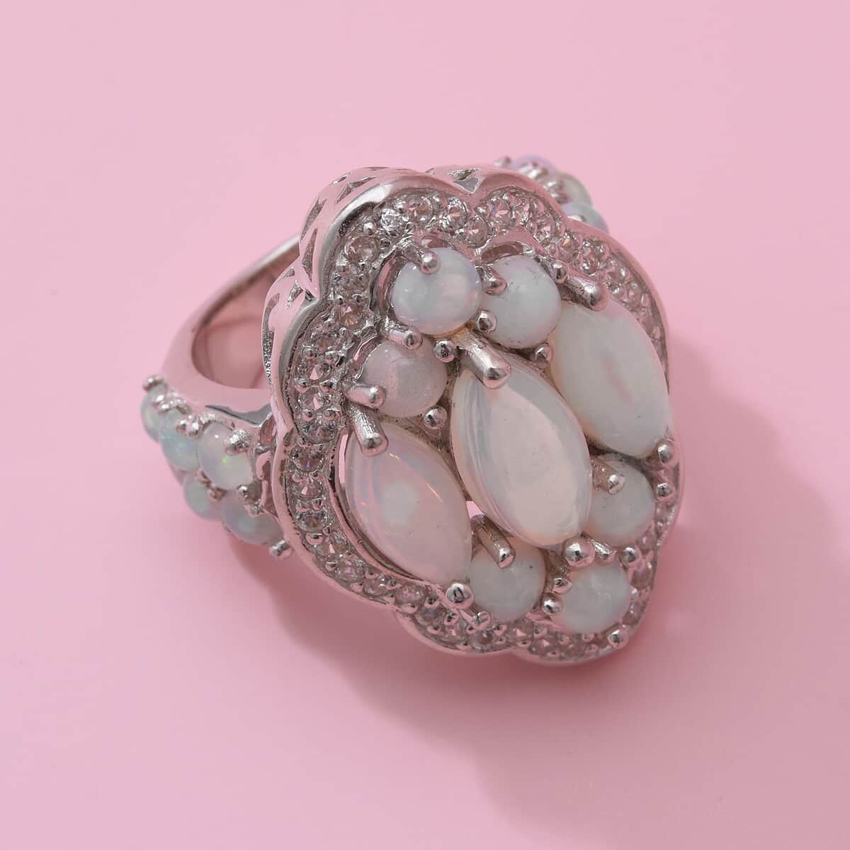 AAA Ethiopian Welo Opal and White Zircon Ring in Platinum Over Sterling Silver (Size 6.0) 5.75 ctw image number 1