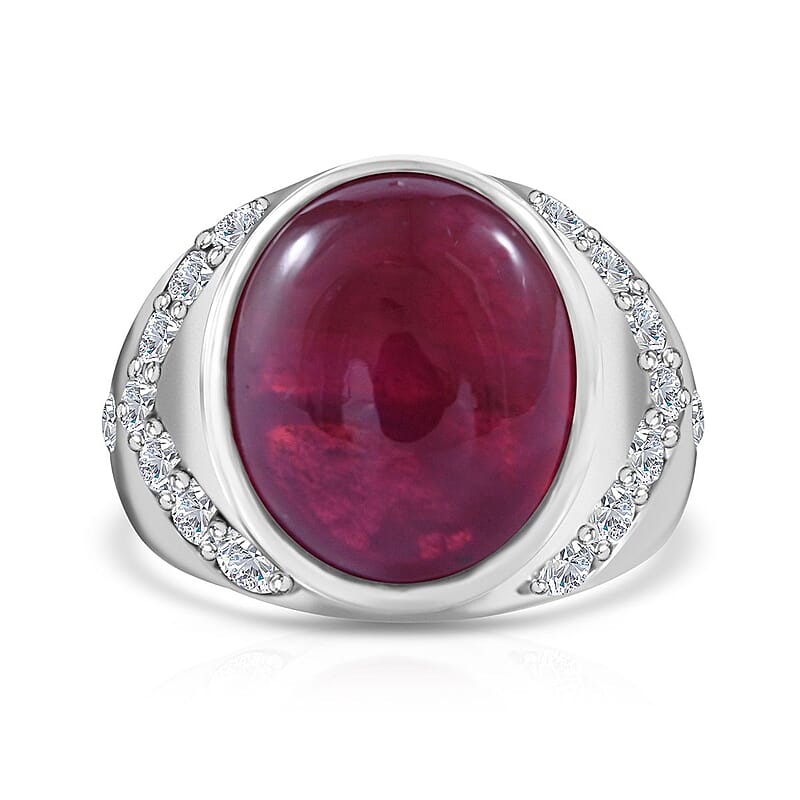 Premium African Ruby (FF) and Moissanite Men's Ring in Platinum Over Sterling Silver (Size 10.0) 22.35 ctw