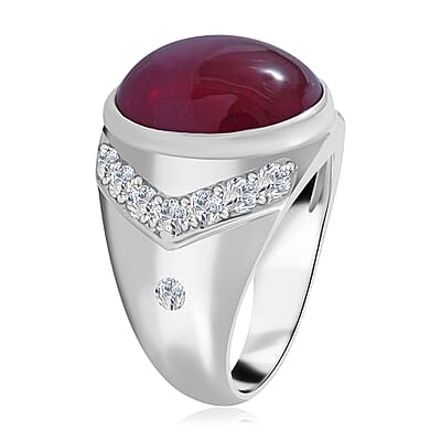 Premium African Ruby (FF) and Moissanite Men's Ring in Platinum Over Sterling Silver (Size 10.0) 22.35 ctw