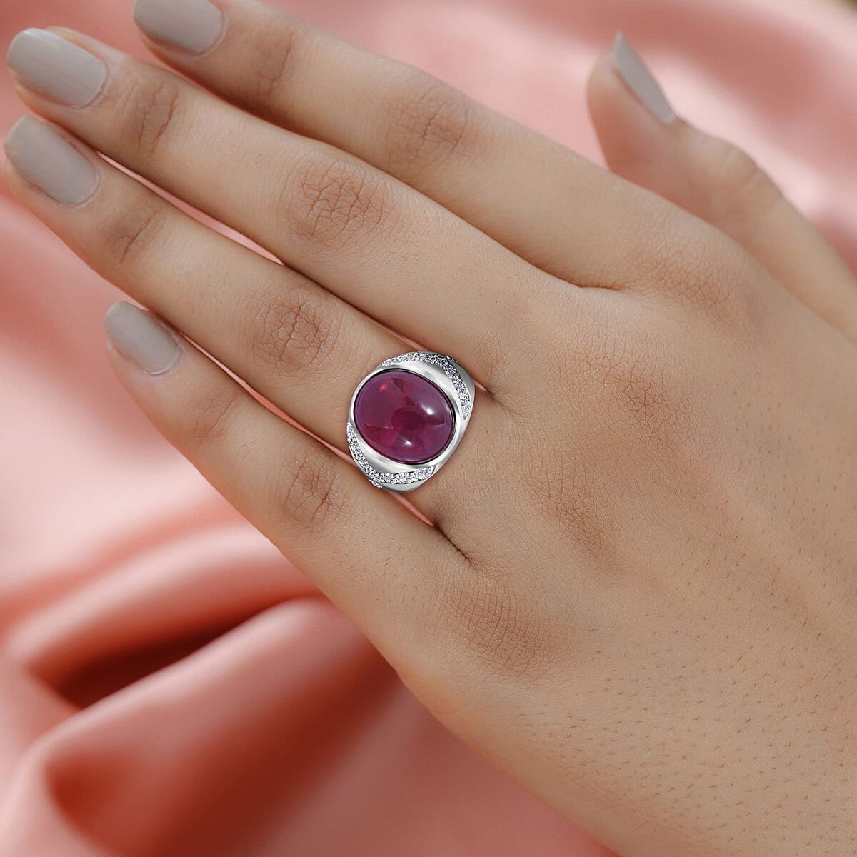 Premium African Ruby (FF) and Moissanite Men's Ring in Platinum Over Sterling Silver (Size 13.0) 22.35 ctw image number 1