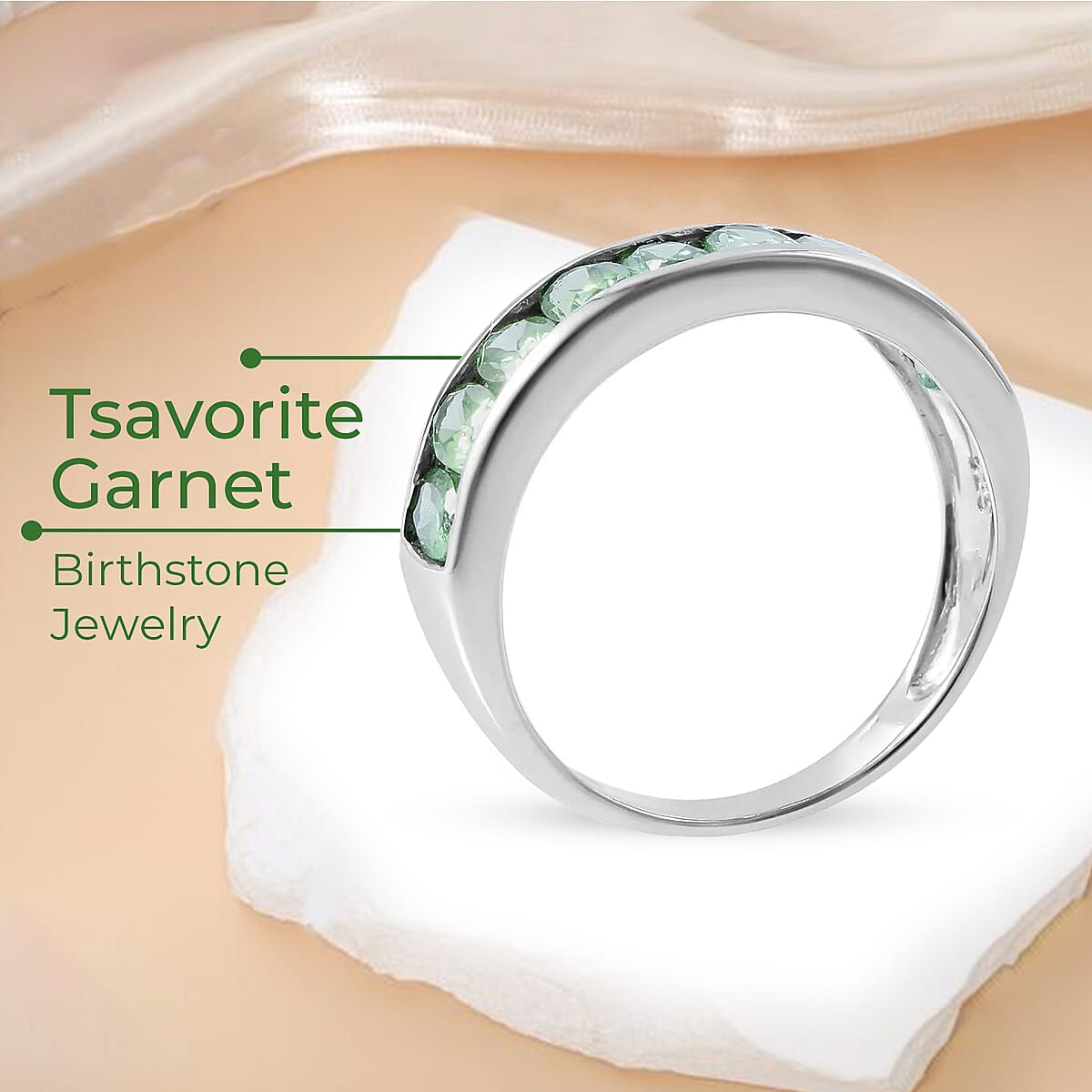 Premium Tsavorite Garnet Ring, Half Eternity Band Ring,Tsavorite Garnet Half Band Ring, Platinum Over Sterling Silver Ring 2.25 ctw image number 3