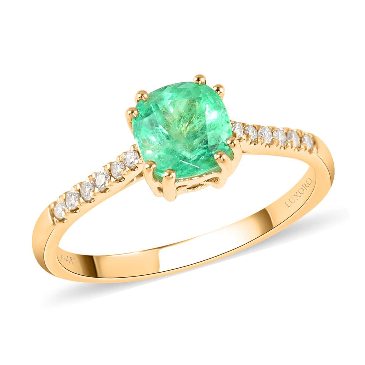 Certified & Appraised Luxoro 14K Yellow Gold AAA Boyaca Colombian Emerald and G-H I2 Diamond Ring (Size 7.0) 1.10 ctw image number 0