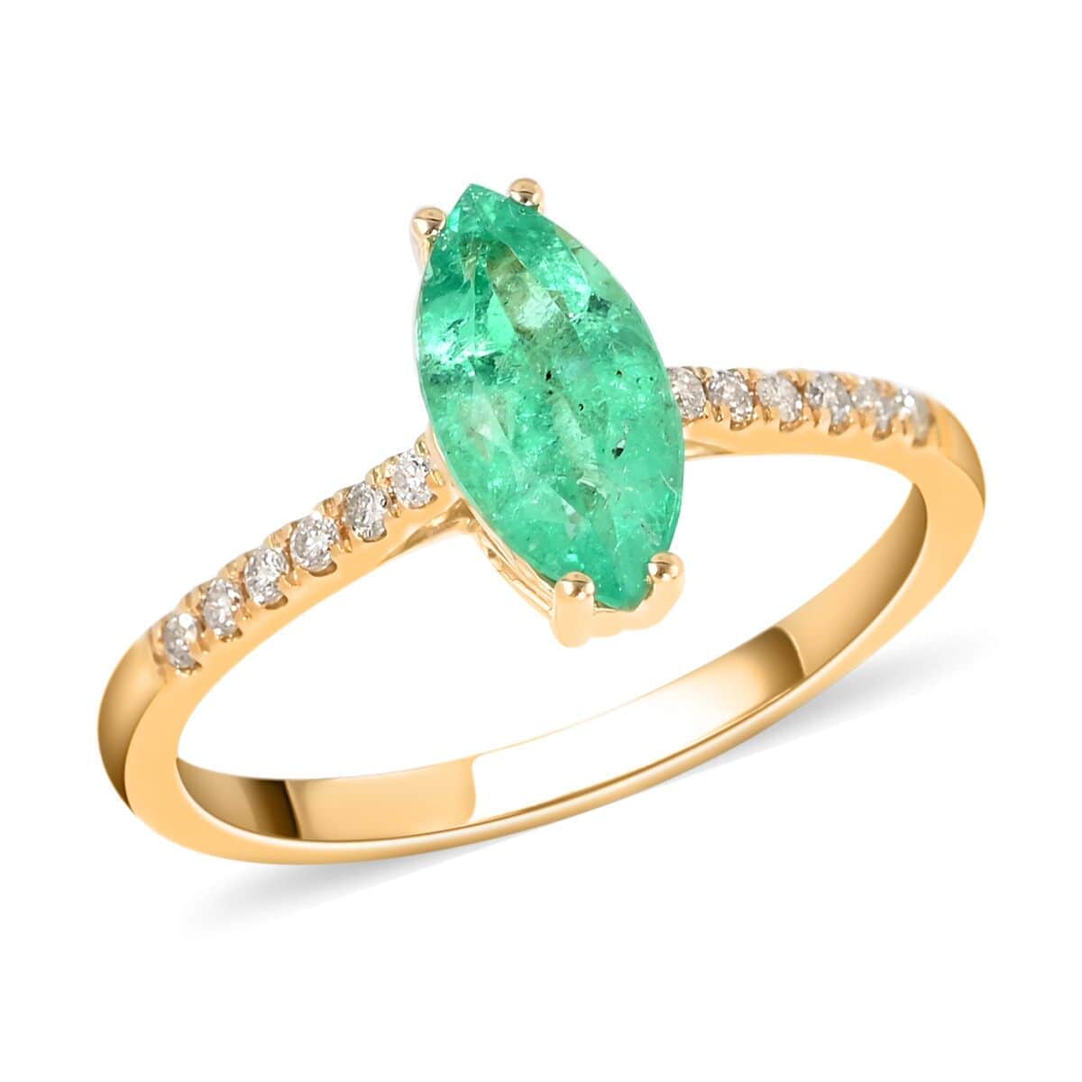 Certified Luxoro 14K Yellow Gold AAA Boyaca Colombian Emerald and G-H I2 Diamond Ring 1.20 ctw image number 0