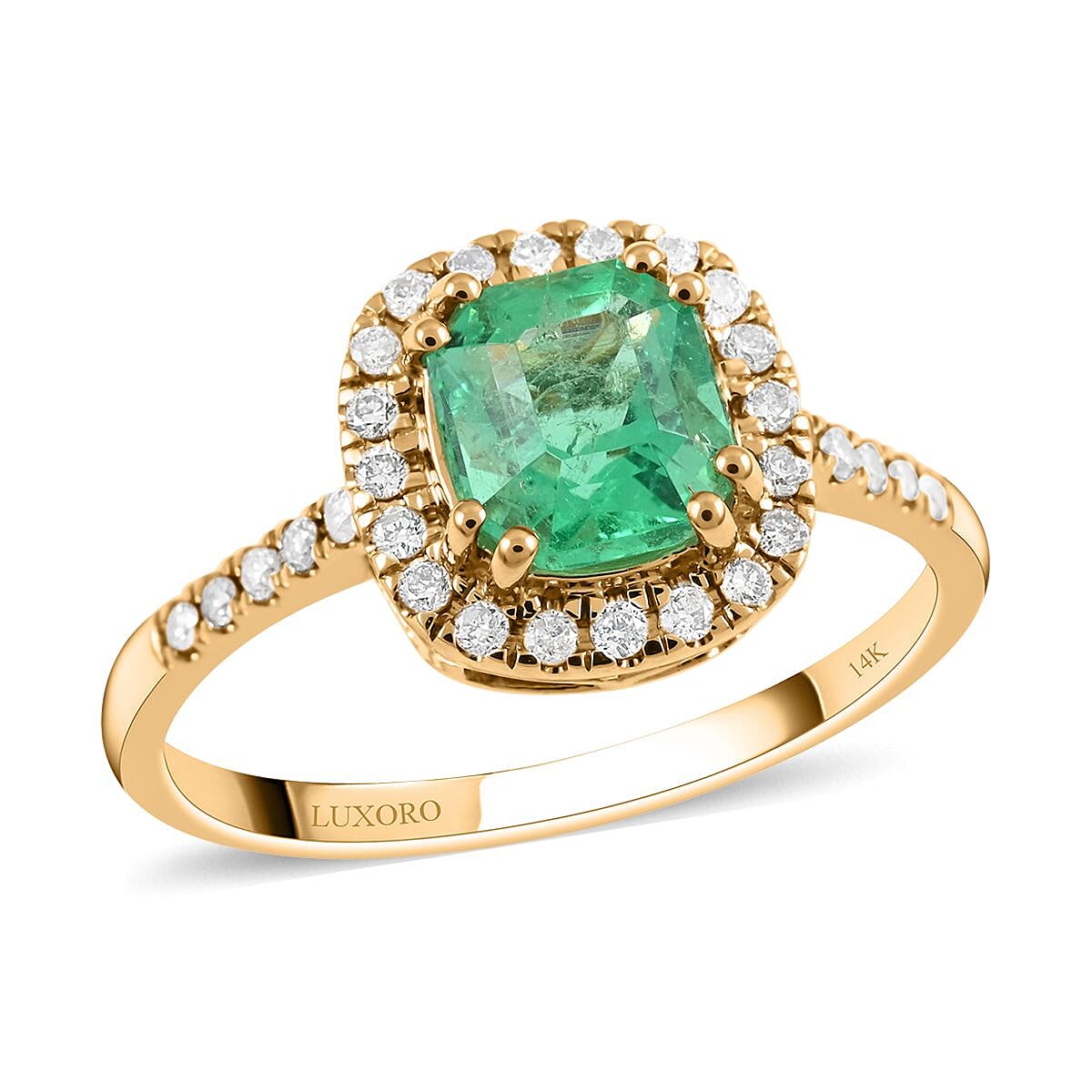 Certified & Appraised Luxoro AAA Boyaca Colombian Emerald and G-H I2 Diamond 1.65 ctw Halo Ring in 14K Yellow Gold (Size 9.0) 2.55 Grams image number 0