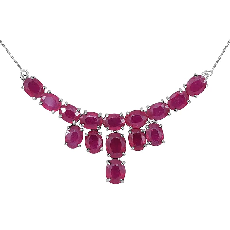 Niassa Ruby Necklace, Ruby Waterfall Necklace, Platinum Over Sterling Silver Necklace, 18 Inch Necklace