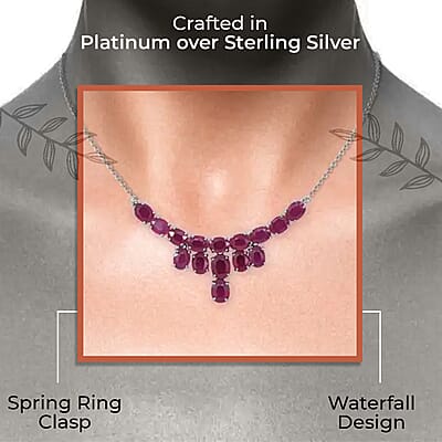 Niassa Ruby Necklace, Ruby Waterfall Necklace, Platinum Over Sterling Silver Necklace, 18 Inch Necklace