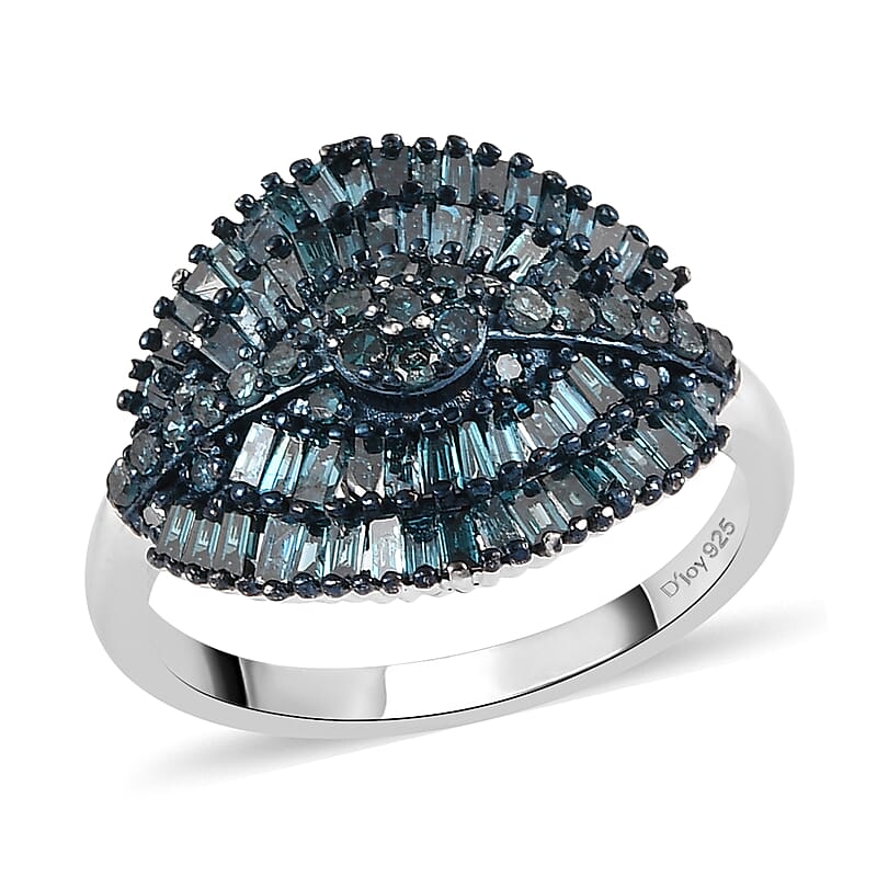 Blue Diamond Cluster Ring in Rhodium and Platinum Over Sterling Silver (Size 10.0) 1.00 ctw
