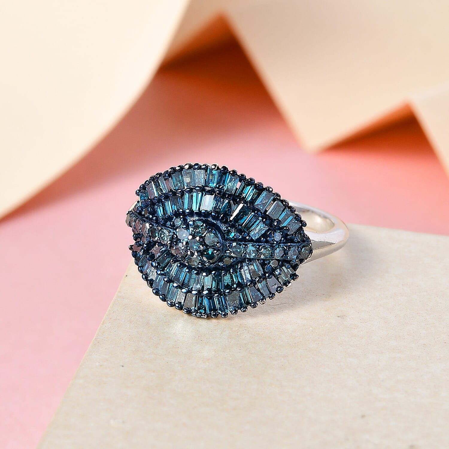 Blue Diamond Cluster Ring in Rhodium and Platinum Over Sterling Silver (Size 10.0) 1.00 ctw