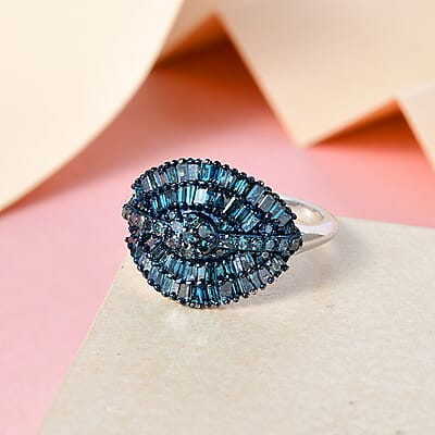 Blue Diamond Cluster Ring in Rhodium and Platinum Over Sterling Silver (Size 10.0) 1.00 ctw