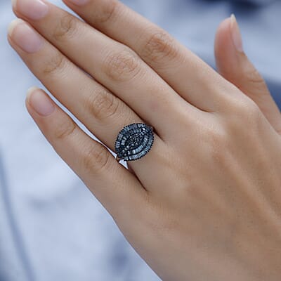 Blue Diamond Cluster Ring in Rhodium and Platinum Over Sterling Silver (Size 10.0) 1.00 ctw