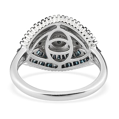 Blue Diamond Cluster Ring in Rhodium and Platinum Over Sterling Silver (Size 10.0) 1.00 ctw