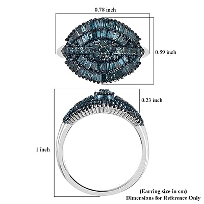 Blue Diamond Cluster Ring in Rhodium and Platinum Over Sterling Silver (Size 10.0) 1.00 ctw