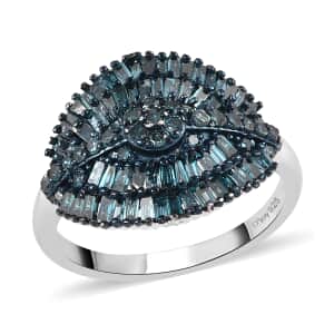 Blue Diamond Cluster Ring in Rhodium and Platinum Over Sterling Silver (Size 8.0) 1.00 ctw