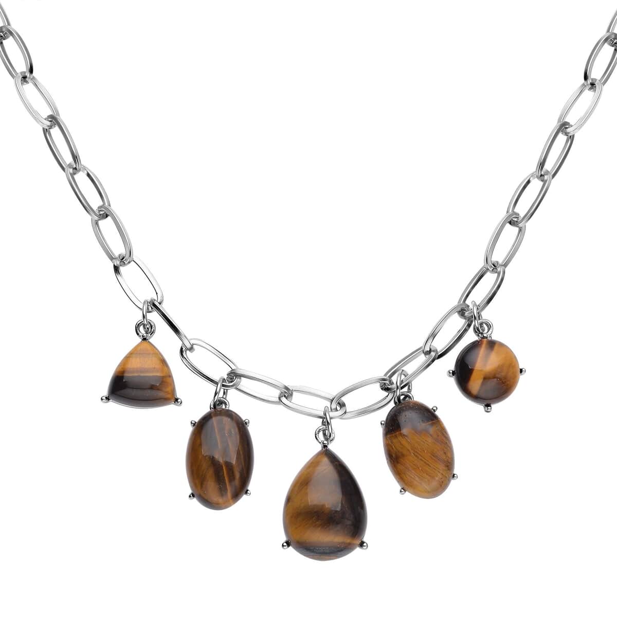 Yellow Tiger's Eye 66.00 ctw Five Stone Pendant Necklace in Silvertone and Stainless Steel 19.5-21.5 Inches, Tarnish-Free, Waterproof, Sweat Proof Jewelry image number 0