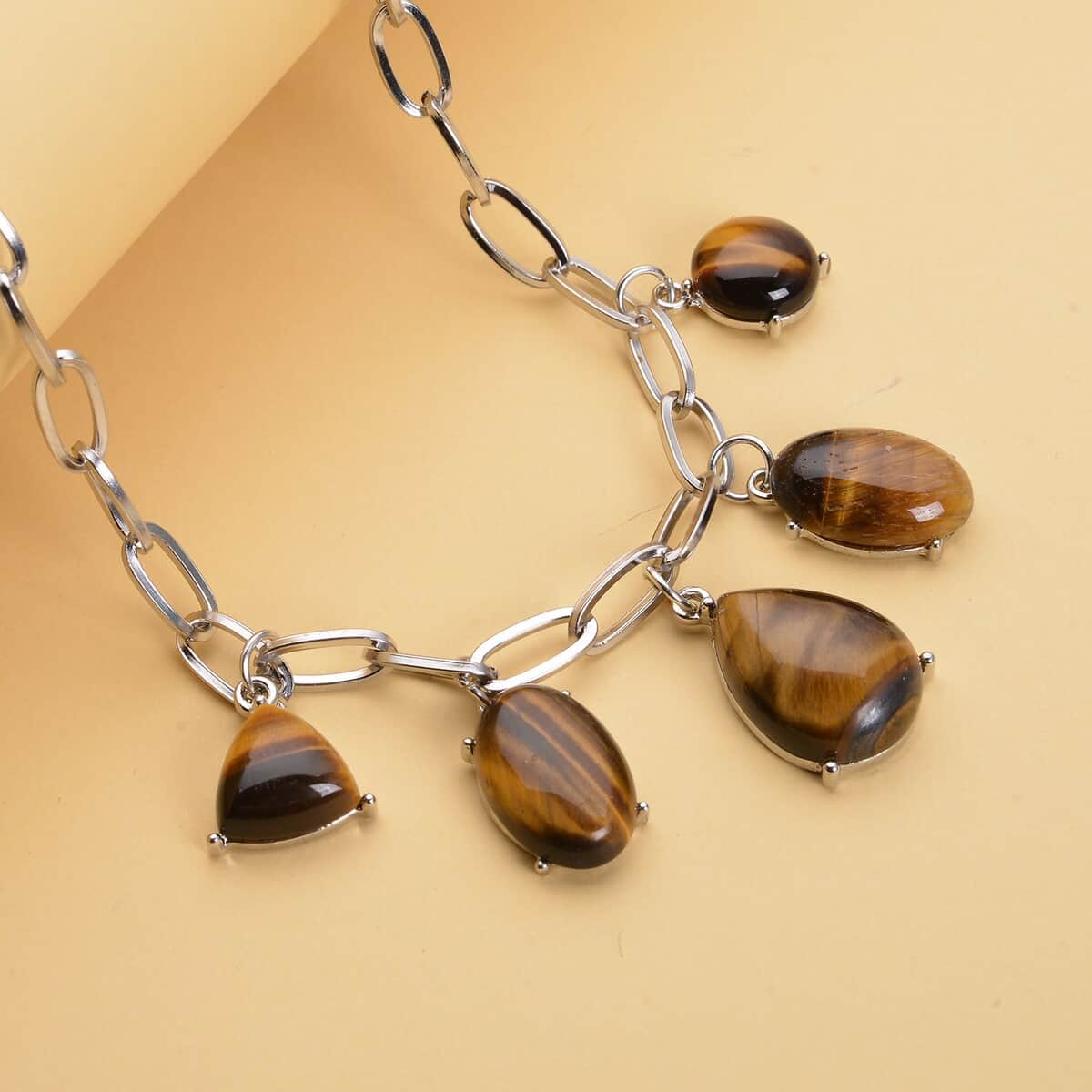 Yellow Tiger's Eye 66.00 ctw Five Stone Pendant Necklace in Silvertone and Stainless Steel 19.5-21.5 Inches, Tarnish-Free, Waterproof, Sweat Proof Jewelry image number 1