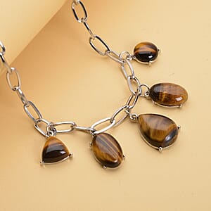Yellow Tiger's Eye 66.00 ctw Five Stone Pendant Necklace in Silvertone and Stainless Steel 19.5-21.5 Inches, Tarnish-Free, Waterproof, Sweat Proof Jewelry