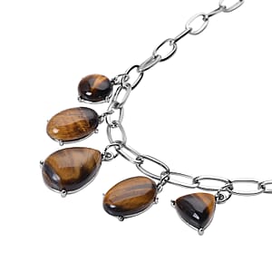 Yellow Tiger's Eye 66.00 ctw Five Stone Pendant Necklace in Silvertone and Stainless Steel 19.5-21.5 Inches, Tarnish-Free, Waterproof, Sweat Proof Jewelry