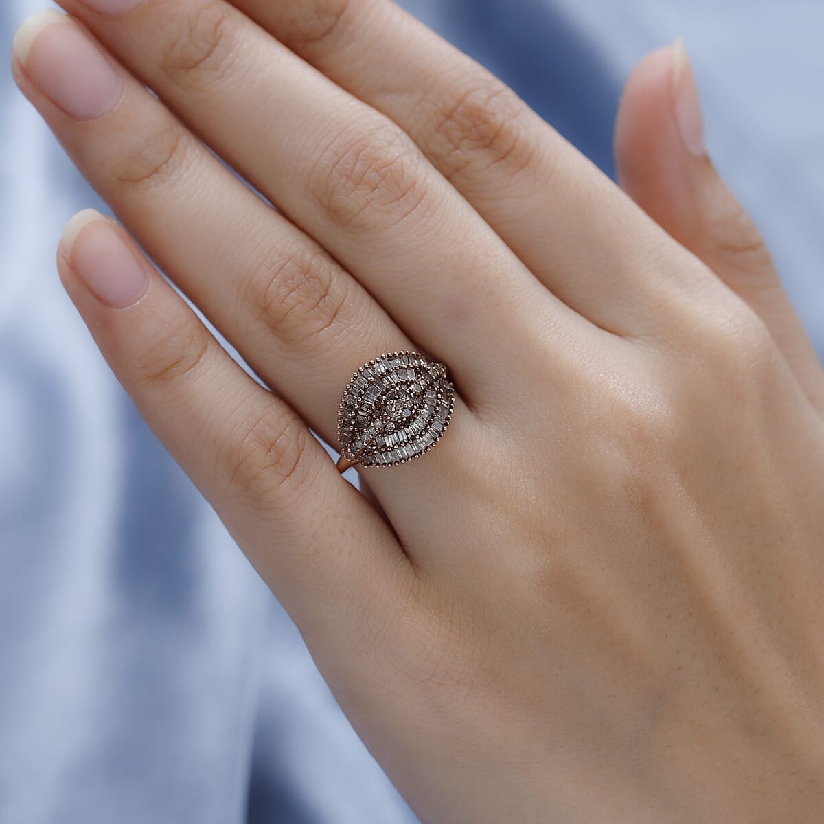 Natural Champagne Diamond Cluster Ring in Rhodium and Vermeil Rose Gold Over Sterling Silver (Size 10.0) 1.00 ctw image number 2