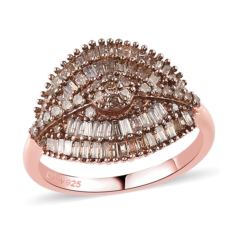 Natural Champagne Diamond Cluster Ring in Rhodium and Vermeil Rose Gold Over Sterling Silver (Size 9.0) 1.00 ctw