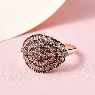 Natural Champagne Diamond Cluster Ring in Rhodium and Vermeil Rose Gold Over Sterling Silver (Size 9.0) 1.00 ctw